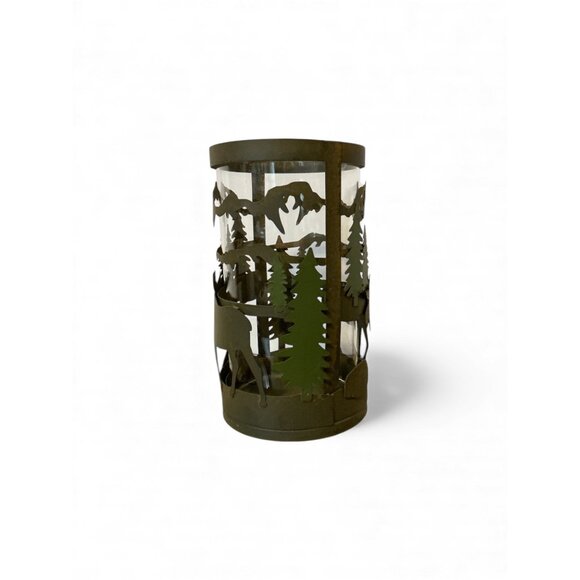 Rustic Moose & Pine Metal Candle Holder Lantern 7.5" Tall Woodland Forest Theme - Picture 3 of 4